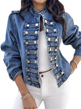 Women's Denim Jacket Button Up Stand Collar Jeans Jacket Casual Coat